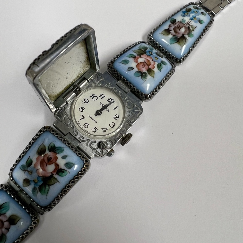 Vintage Floral Silver Watch with Blue and Pink Accents
